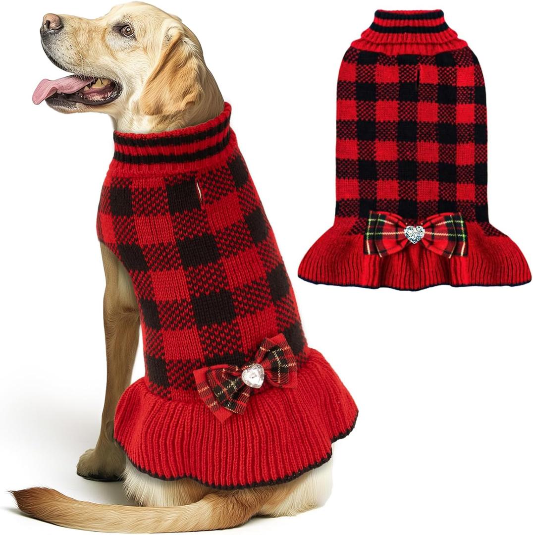 KYEESE Christmas Dog Sweater Dress for Medium Dogs with Leash Hole Classi Checkered Pet Sweaters Dog Christmas Outfit with BowtieTurtleneck Dogs Apparel for Winter, XXXL (XXX-Large (60-80lbs), 09#Red Plaid)