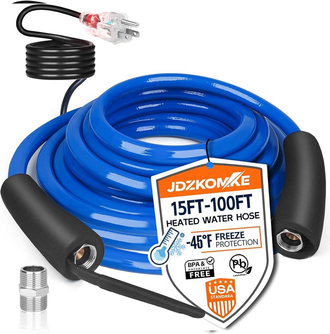 JDZKOMKE 15FT Heated RV Water Hose - Freeze Protection Down to -45F, Heavy-Duty PVC & Brass Fittings, 1/2" ID Lead-Free Hose for Camping/Poultry Farms