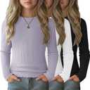 3 Pack Girls' Long Sleeve Tops Crewneck Ribbed Tees Shirt Cotton Lettuce Trim Cute Undershirt Base Layering (9-10 Years, Black, White, Light Purple)