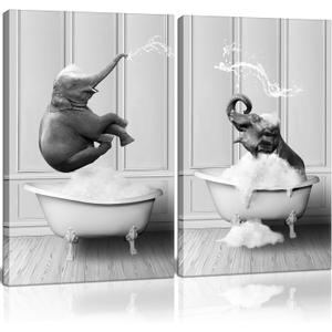 Framed Bathroom Wall Art Funny Kids Bathroom Decor Black and White Canvas Wall Art Pictures Elephant Bathing Animals Abstract Prints for Bedroom Poster 16x24x2Inch Ready to Hang