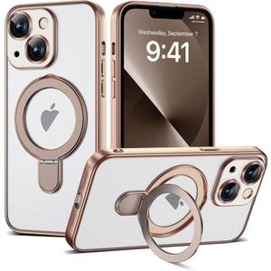 Compatible with iPhone 13 Case with Magnetic Ring Stand [Compatible with Mag-Safe] [Full Camera Lens Protector] Soft Plating Clear Phone Case for iPhone 13 6.1", Desert Gold