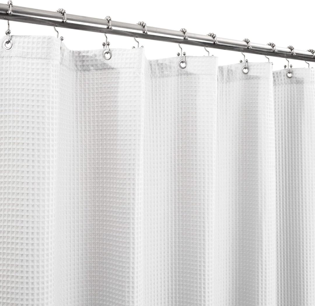 Barossa Design Honeycomb Waffle Weave Shower Curtain Cotton Blend Extra Long 84 inch Height, Hotel Luxury, Heavy Weight, Spa, Washable, White, 72x84 Fabric Shower Curtain for Bathroom