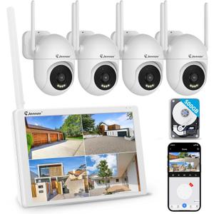Jennov 5MP Wireless Security Camera System with Monitor, 10CH NVR Kit for Home & Business Surveillance, 4 Cameras with 500GB HDD, Night Vision, 24/7 Motion Detection, No Monthly Fee, Indoor Outdoor (white)