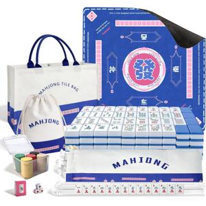 American Mahjong Tiles Set with Noise Reducing Mahjong Mat, 166 Blue Mahjong Game with Portable Storage Bags, 4 All-in-One Color Rack/Pushers, Scoring, Plastic Coins Dices for Adults & Beginners