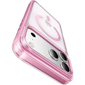 Shiny Interior Coating for iPhone 17 Pro Case with Pearl Strap, [Glossy Bumper & Magnetic Ring] [Compatible with Magsafe] Cute Women Girly Anti-Fingerprint Cover for 17 Pro, Pink