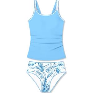 Girls Swimsuit Solid Color 2 Piece Girls Tankini Swimsuit Contrast Trim Teen Bathing Suit Padded Modest Swimwear 9-16y (11-12 Years, Palm Tree-blue)