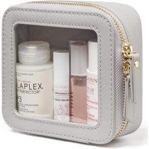 Popvibe Clear Makeup Bag Travel Cosmetic Case Transparent Toiletry Bag with Zipper, Portable Make Up Organizer Traveling Compact Car Bag for Essentials (Beige Grey)