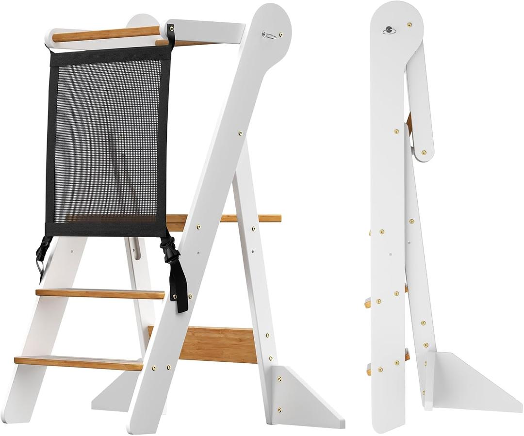 COSYLAND Toddler Standing Tower Foldable Toddler Kitchen Step Stool | Adjustable Height Folding Step Stool for Kids Learning & Cooking - Ages 18 Months to 6 Years with Safety Net Natural & White, 16.73"D x 35.4"W x 0.01"H