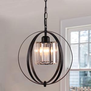 FRIXCHUR Farmhouse Chandelier Crystal Pendant Light Adjustable Hanging Light Fixtures Orb Globe Chandeliers for Kitchen Island Dining Room Foyer Bedroom (Black)