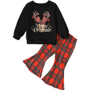 Kislio Toddler Baby Girl Christmas Outfit Long Sleeve Sweatshirt Top Bell Bottoms Pants Infant Girls Christmas Clothes Set (Black)
