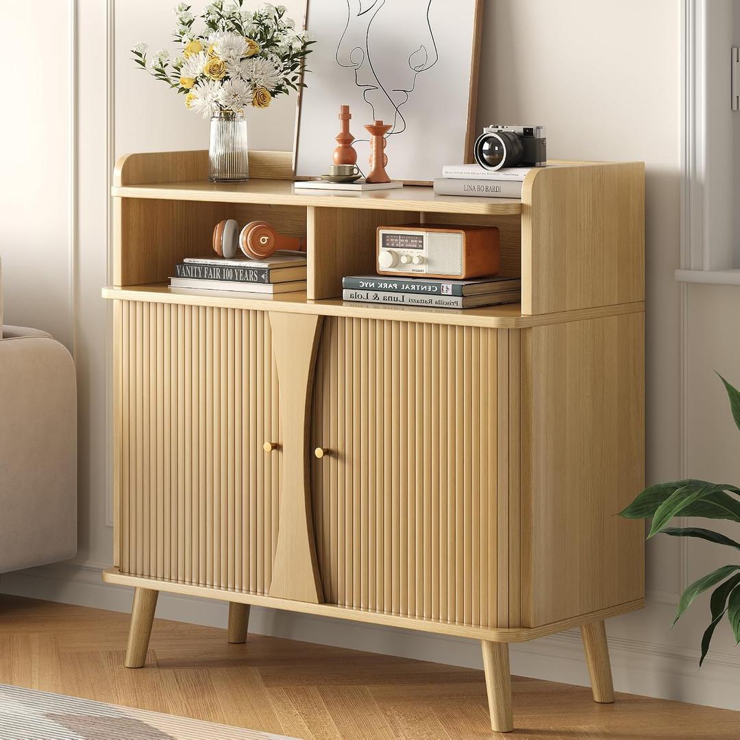 Decofy 39" Buffet Sideboard Cabinet, Mid Century Modern Console Cabinet with Roller Shutter Sliding Doors & Adjustable Shelves for Kitchen Cabinets, Living Room, Entryway, Coffee Bar Cabinet (Oak)