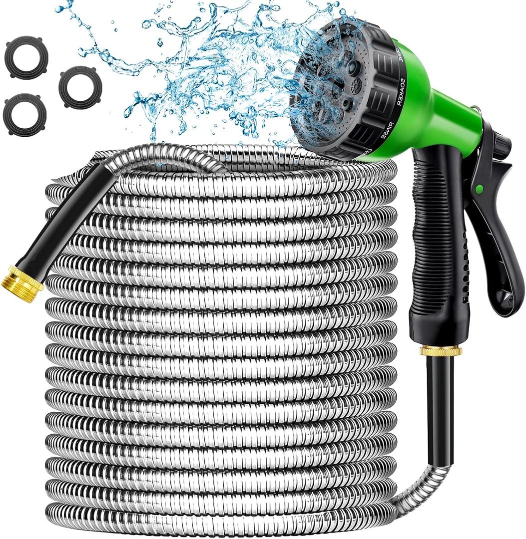 Garden Hose 100 ft - Stainless Steel Water Hose 100ft with 10 Function Nozzle, No Kinks & No Tangles, Flexible, Lightweight, Puncture & Rust Proof Metal Garden Hose for Yard, RV, Garden, Outdoor