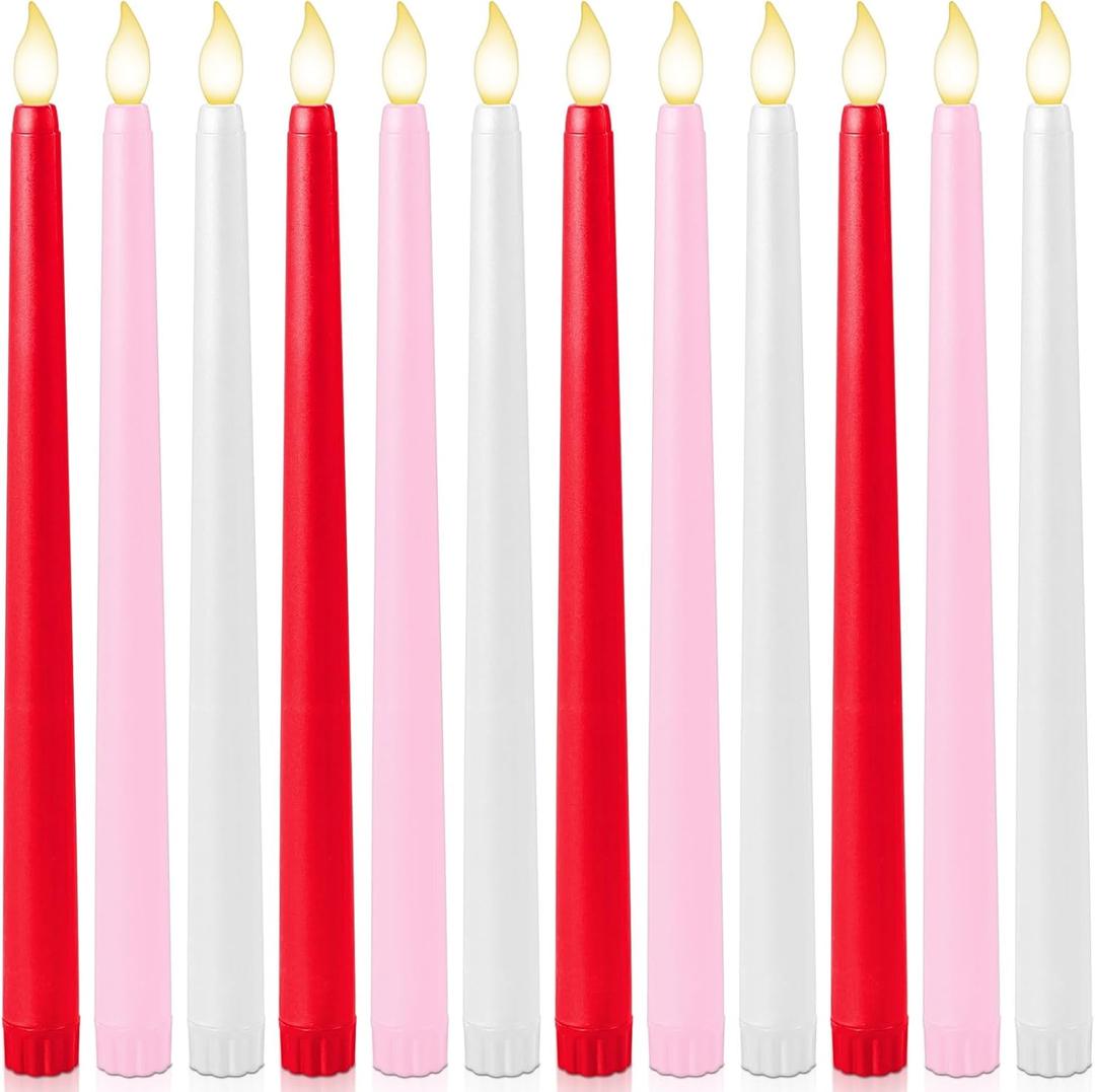 Baquler 12 Pcs 11''Valentines Day Flameless Taper Candle LED Pink Red White Battery Operated Candlestick Plastic Flickering Gift for Romantic Night Anniversary Proposal Wedding Table Centerpiece Decor