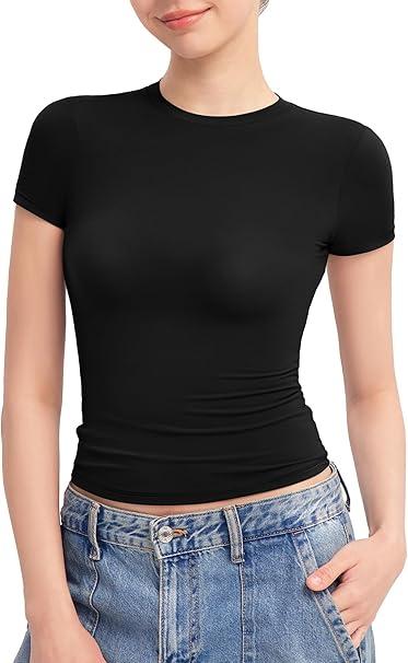 Women's Crew Neck Short Sleeve Tops Double Lined Slim Fit T Shirts and 
Mona Pocket Short Shorts
 XL