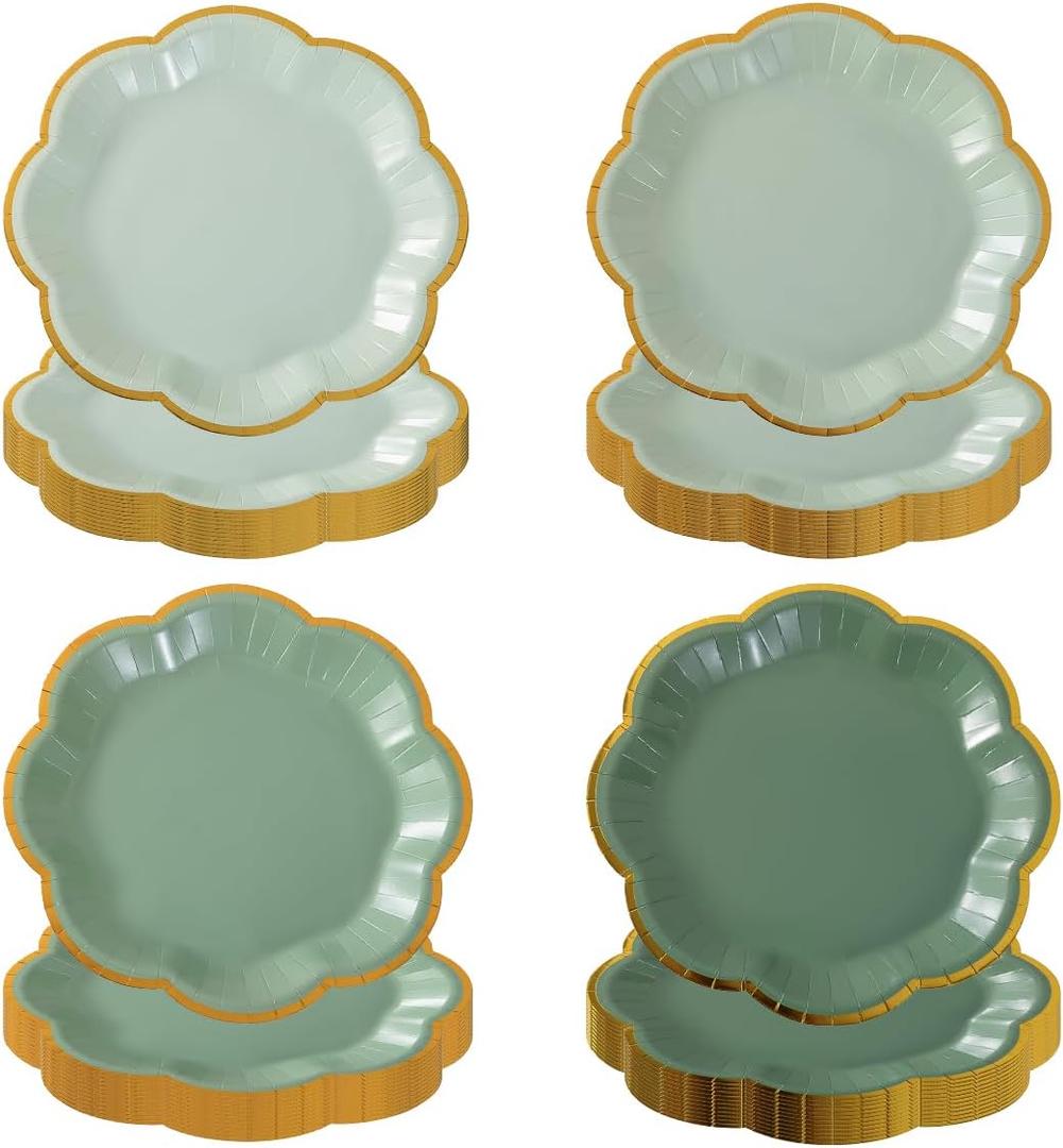 48 Pcs Sage Green Paper Plates Disposable Gradient Green Dessert Paper Plate Gold Foil Scalloped Edge Disposable Cake Plates for Birthday Baby Shower Wedding Party(7 Inches)