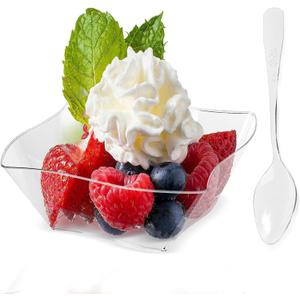 150 Pack 5 oz Clear Plastic Dessert Cups with 150 Tasting Spoons, Square Parfait Appetizer Plates Bowls for Party, Weddings
