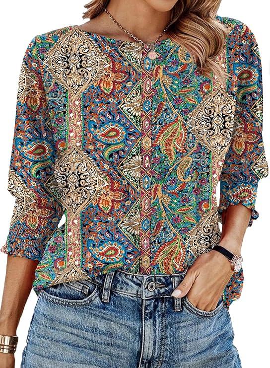 IECCP 3/4 Length Sleeve Womens Tops Summer 2026 Fashion Trendy Boat Crew Neck Smocked Work Dressy Casual T Shirt Blouses, XXL