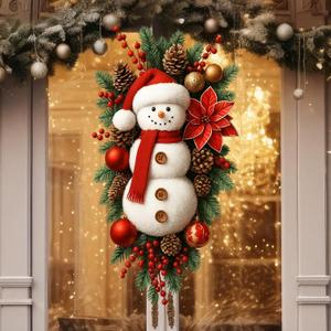 Suncalla 20" Christmas Teardrop Swags Snowman Wreaths Decorations with Poinsettia Red Berries Pinecone Ball Ornaments Artificial Pine Needles for Winter Front Door Indoor Outdoor Window Decor