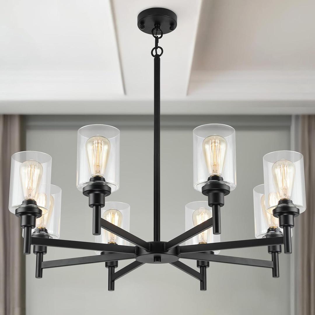 LIGHTDAMY Black Chandeliers for Dining Room Light Fixture, Modern Farmhouse Chandelier, 8 Lights with Clear Glass Shade Industrial Hanging Lighting for Living Room Kitchen Island Bedroom, 8-Lights D34"