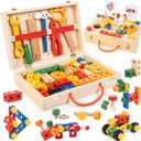 WOOOMAM Kids Tool Set, 90 PCS Wooden Toddler Tool Set with Box and Flash Cards, Tool Kit for Kids Age 3-5 Years, Toddler Boy Toys, FSC Certified Material