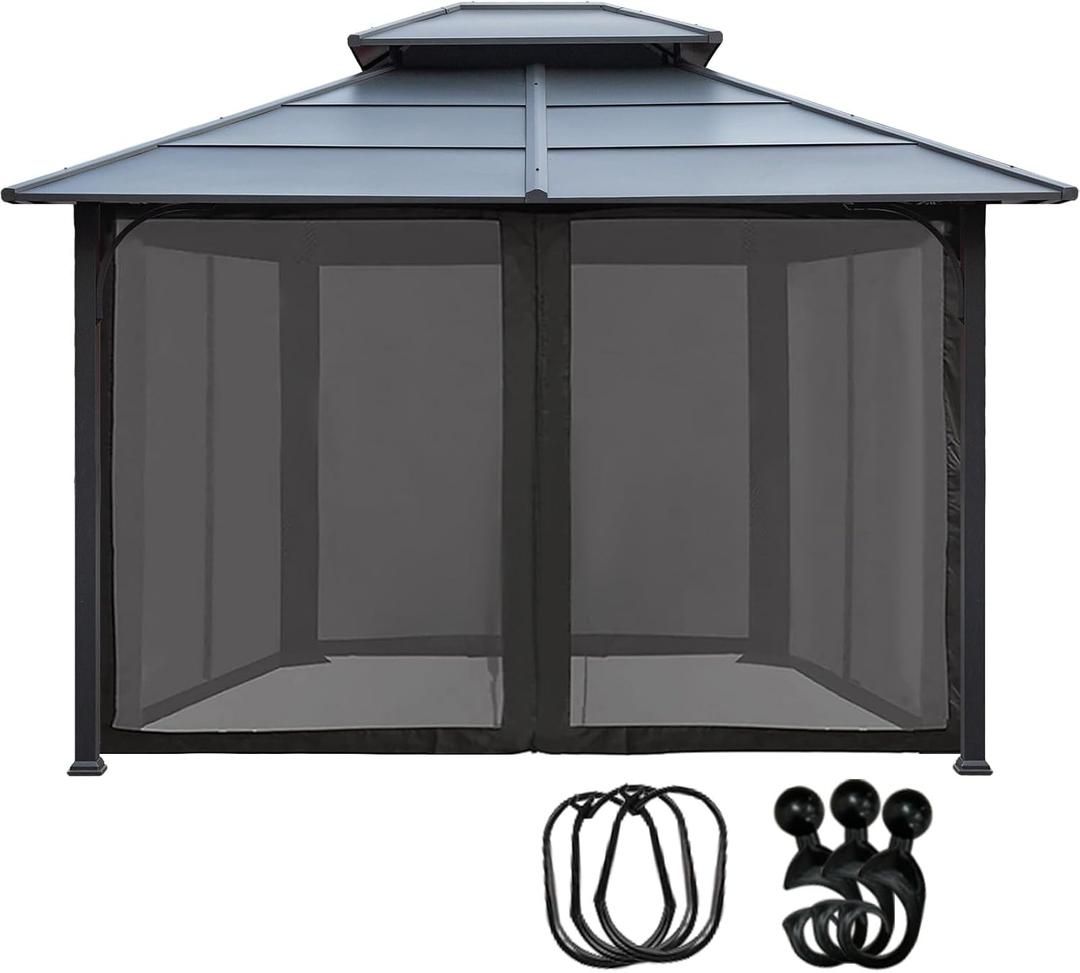 EasyLee 10x12 Gazebo Replacement Mosquito Netting 4 Sided Mesh Walls with Zippered Entry Universal Fit for Patio and Outdoor,Black