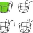 4 Pack Hanging Planters for Balcony  Round Metal Flower Pots with Railing Hook, Outdoor Hanging Basket for Fence, Patio, or Garden (Black)