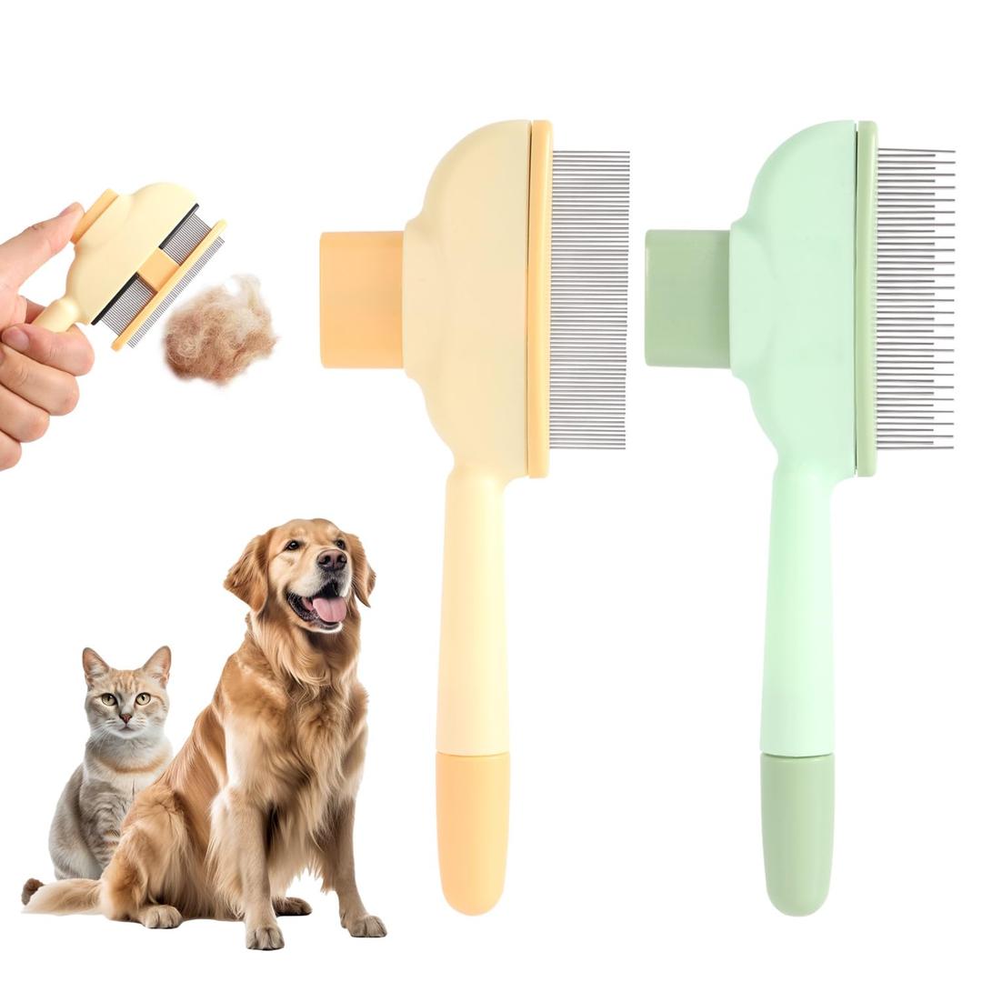 2pcs Pet Shedding Brush, Pet Hair Remover Comb with Release Button Self-Cleaning Grooming Brush for Deshedding Dogs Cats Short & Long Loose Hairs (Green, Yellow)