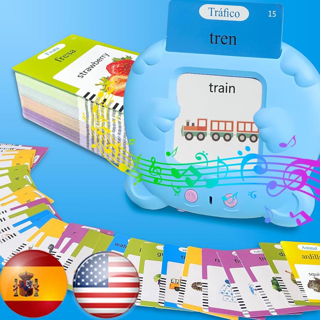 English Flash Cards Bilingual - Spanish Talking Flash Cards for Kids, Pocket Speech for Toddlers 3-12, 510 Sight Words of 31 Varieties, Sensory Toys Children with Autism (Spanish, Blue)