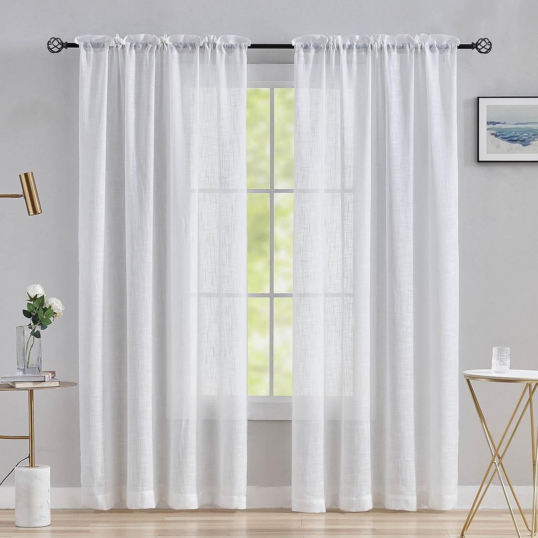 Home Brilliant Semi Sheer Curtains 84 Inches Long White Linen Blend Window Treatment Living Room Bedroom Curtains, 2 Panels, 54" x 84" Length (54"W x 84"L (Pack of 2))