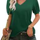 DittyandVibe V Neck Shirts for Women Puff Sleeve Casual Summer Tshirt Tee Tops (Small, Dark Green)