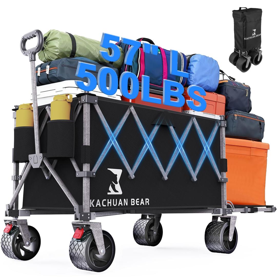 57" L Large Collapsible Foldable Wagon with Tailgate & Brake, 500LBS Heavy Duty Beach Wagons with All-Terrain Big Wheels, 300L Folding Utility Cart for Sand Garden Shopping Groceries Sports (Black)