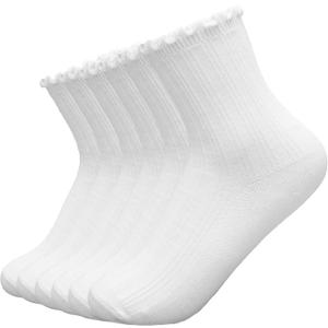 SSF&TUYS Ruffle Socks for Women – Soft Cotton Frilly Crew Socks, Breathable & Comfy, 6 Pairs (White)