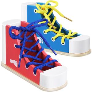 STOBOK 2pcs Learn to Tie Shoes for Kids with Wooden Lacing Sneaker Toy Tie-Up Shoe Practice Kit Threading Montessori Educational Toys (Blue + Pink)