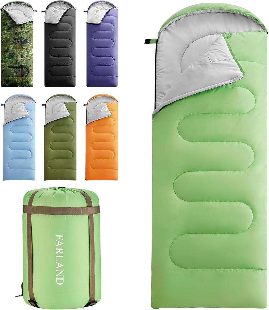 FARLAND Sleeping Bags 30 for Adults Teens Kids with Compression Sack Portable and Lightweight for 3-4 Season Camping, Hiking,Waterproof, Backpacking and Outdoors (Medium(87"x 29.5"), Green (R Zip))