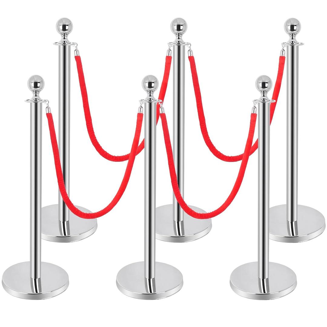 6-Pack Stainless Steel Stanchions and Velvet Ropes (4 Red 5ft), Sand-Filled Crowd Control Barriers for Weddings, Exhibitions, Events(Silver)