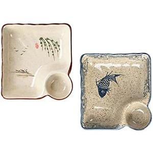 FYUEROPA Ceramic Dumpling Plate with Dipping Saucer, Sushi Dish, Serving Plate Chips and Snack Plate, 7.5 Inch - Set of 2 (Fish)