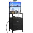 WLIVE Nightstand with Charging Station, LED Night Stand with 2 Drawers and 4 Storage Open Shelves, Fabric Dresser for Bedroom, Black