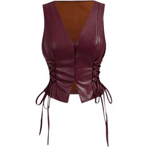 SOLY HUX Women's PU Leather Vest Tops Sexy Vintage Lace Up Button Down V Neck Crop Tank Tops (Medium)