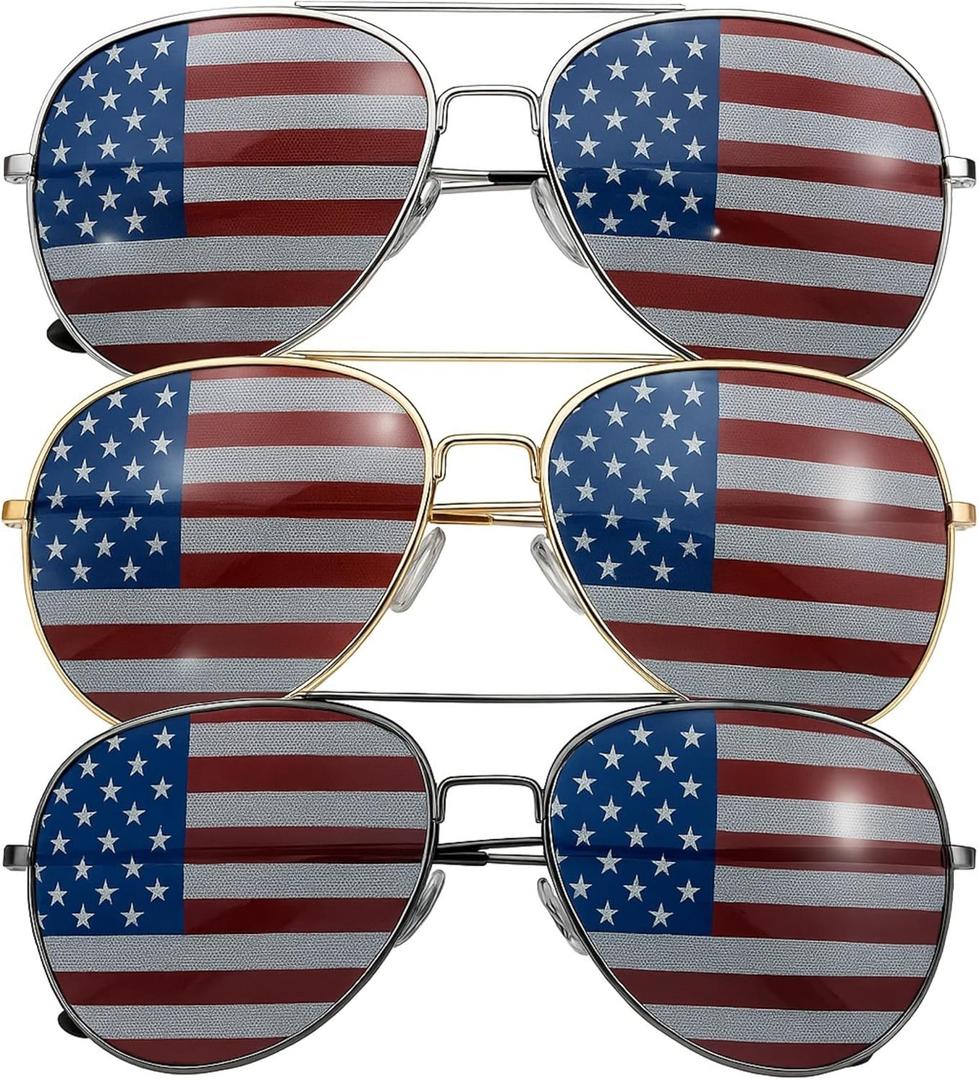 grinderPUNCH 3 Pack Bulk USA America Glasses - American Flag Aviator Sunglasses - Assorted Colors (Red White Blue)