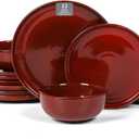Vicrays Ceramic 12 Pieces Dinnerware Set - Dinner Plates Salad Plates Cereal Bowls Set Service for 4 - Scratch Resistant Microwave Oven Dishwasher Safe - Cherry Red