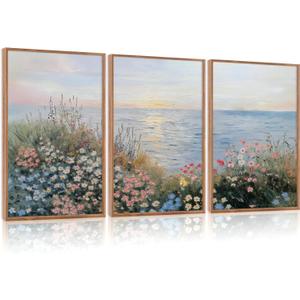CHDITB Seaside Floral Framed Canvas Wall Art Set, Nature Inspired Ocean View Wall Decor, Sunrise Art Spiritual Wall Painting, Coastal Wildflowers Art Prints for Living Room, Office-Size 16"x24"x3