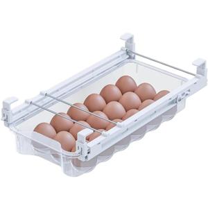 Skywin TidyFriend Refrigerator Egg Drawer 14"x7.5"x3.95" Snap-On Egg Holder with Pull-Out Drawer, Holds 18 Eggs, Fits Flat Fridge Shelves 14.116.3 in Long and 0.931.32 in Thick