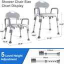 BlessReach Shower Chair for Elderly and Disabled with Arms, Heavy Duty Adjustable Height Bath Seat for Inside Shower or Tub, Slip Resistant, Padded Backrest & Armrest, Supports 500 lb, Gray