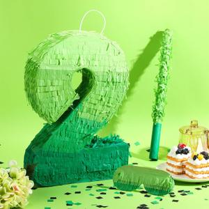 Number Piata Decorations 16 Inch Gradient Green Number Piata with Blindfold Stick and Confetti for Birthday Baby Shower Safari Jungle Themed Party Supplies Centerpiece (Number 2)