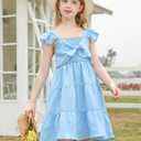 Vogseek Light Blue Girl Dress 5 6 Years Old Kids Square Neck Ruffle Sleeve A Line Swing Dresses Summer Cute Bowknot Tie Frock for Little Girls 5t 6t Valentines Easter School Dance Party Size 6