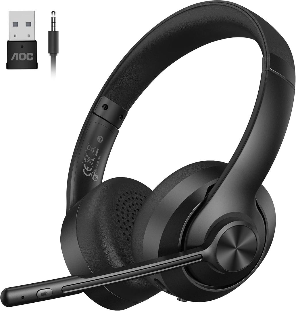 AOC Wireless Headset with Mic for Work, Bluetooth 5.4 Headphones with Noise Canceling Microphone, USB C, 30H, Clear Calls & Mic Mute for PC, Laptop, Cell Phones, Zoom  Black