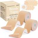 2 x Adamotto Boob Tape for Breast Lift - 2 Rolls Waterproof Adhesive Body Tape with 5 Pairs Nipple Covers, Invisible Support for Backless Strapless Dresses A-DD Cup Beige