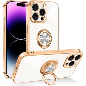 Dinick Designed for iPhone 14 Pro Case with Ring Holder Soft TPU Bumper Glitter Plated Slim Cover for Women Men Finger Stand for iPhone 14 Pro Case White and Gold