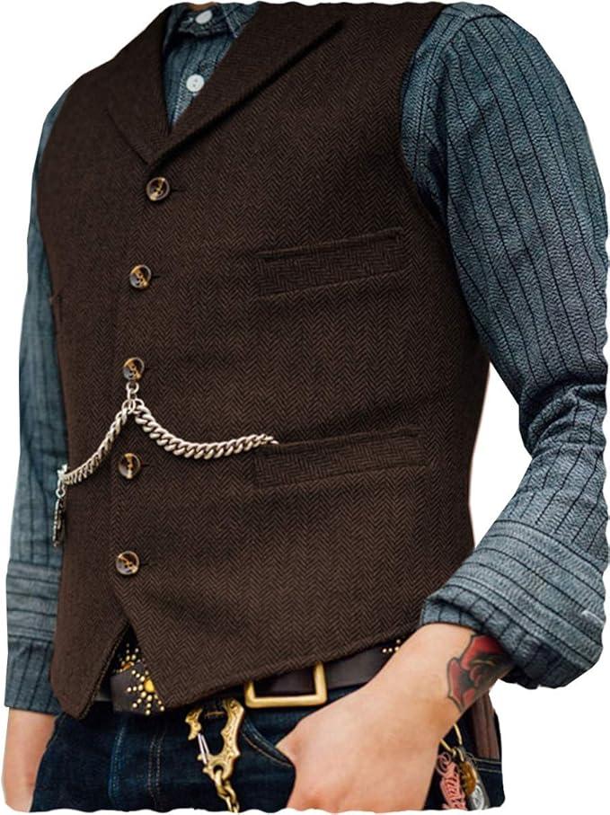 Ceehuteey Mens Suit Vest Waistcoat Tweed Retro V Neck Wool Herringbone for Prom
 XL