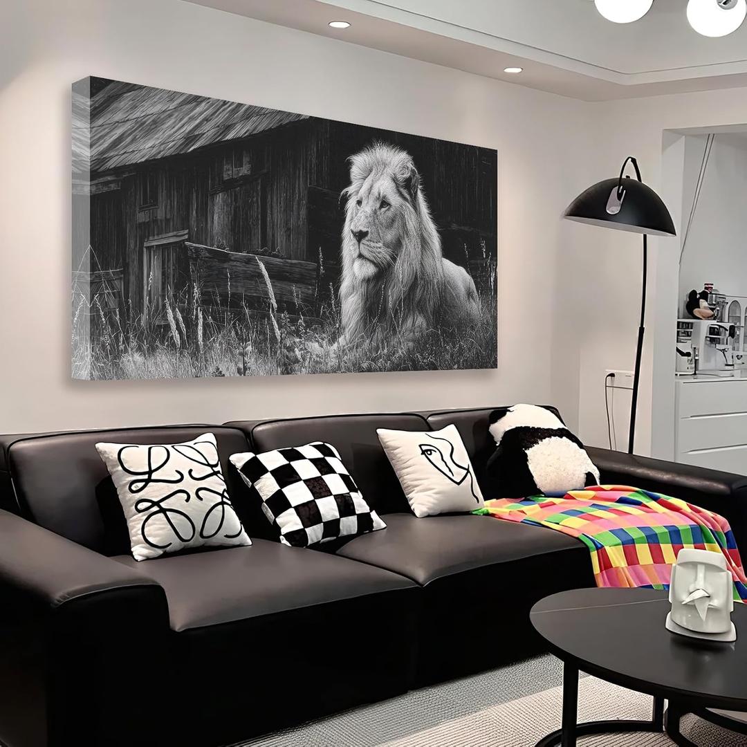 JLXART Wall Wrapped Lion Gallery Canvas Canvas Wall Art Modern Black and White Animal Picture Painting for Home Office Living Room Bedroom Decor,30X58inch